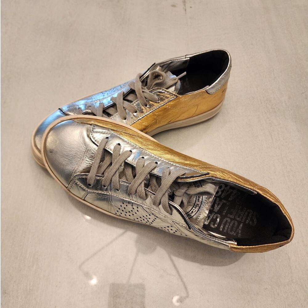 P448 Silver Gold Metallic Leather Women's Sneakers SZ 41 US 9.5